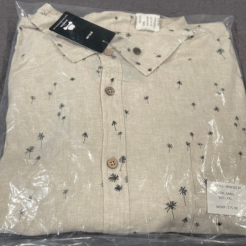 Mens light weight cotton shirt. Color is called sand.